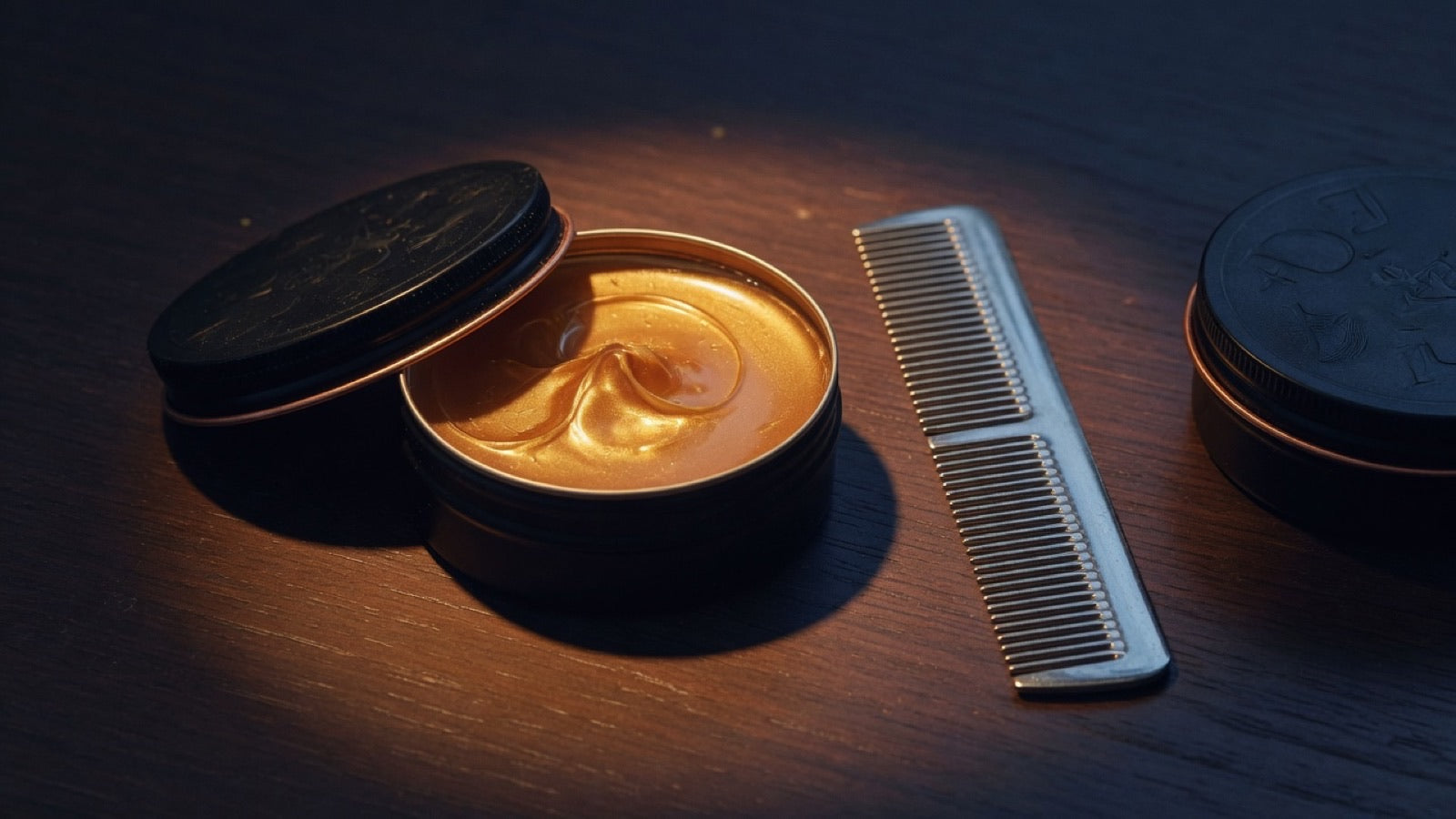Old tin of hard hair wax pushed into shadow while a clean steel comb sits in the light — why we don't sell hair wax
