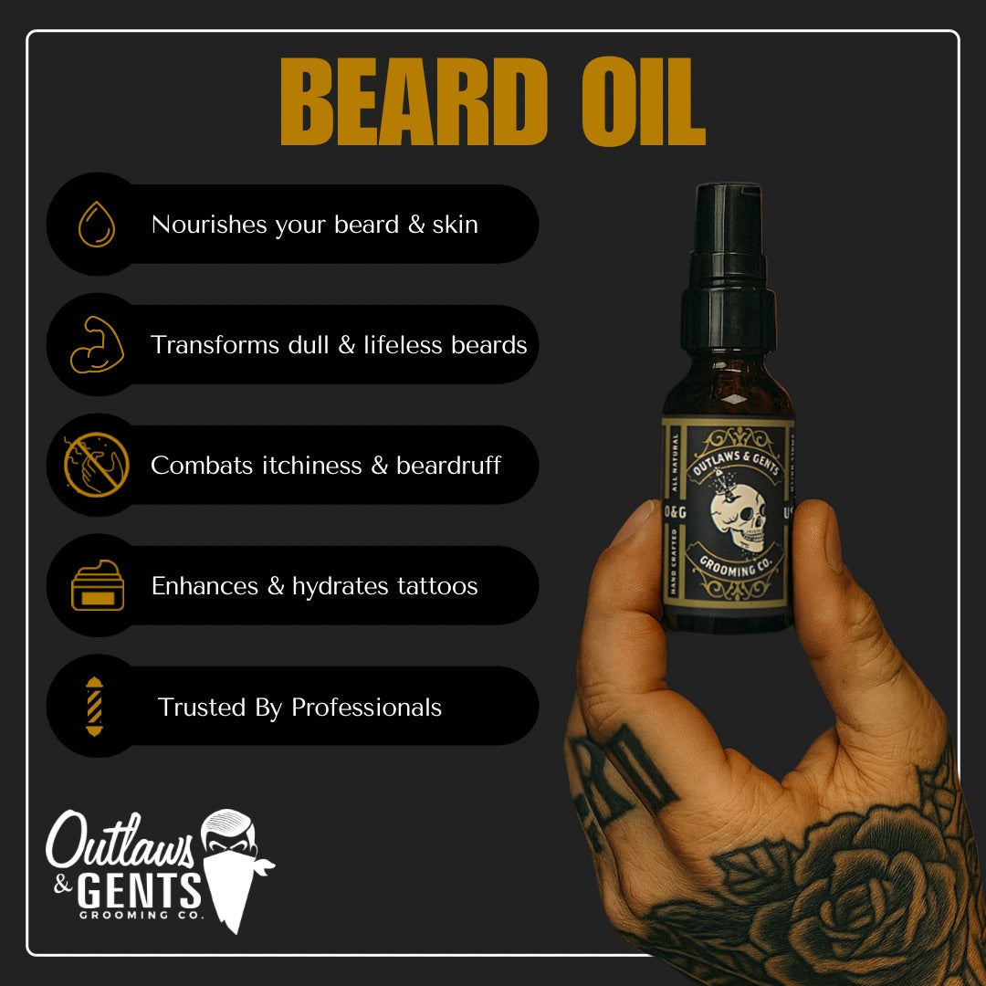 Tattooed man’s hand holding Outlaws and Gents beard oil with benefits listed