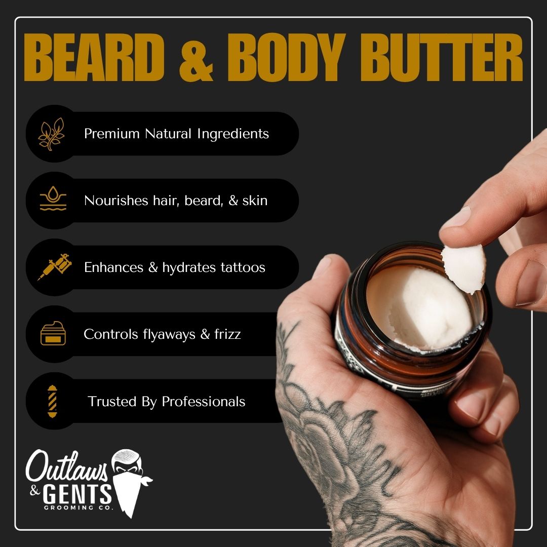 Tattooed mans hands scooping out Outlaws and Gents Tobacco and Vanilla Beard and Body Butter with listed benefits