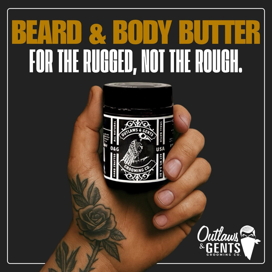 Man’s hand holding Outlaws and Gents tobacco and vanilla beard butter