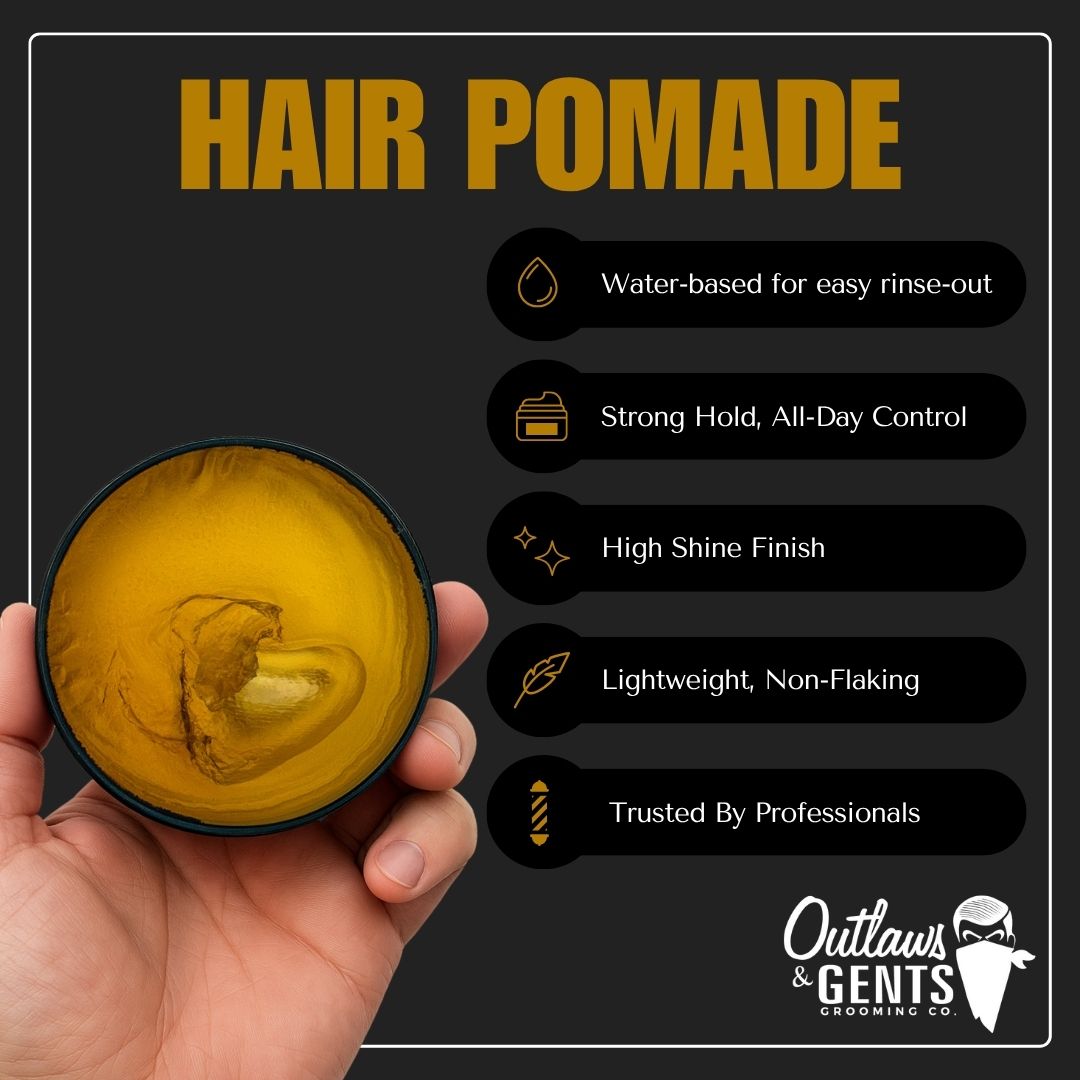 Mans hand holding open puck of Outlaws and Gents Hair Pomade with listed benefits