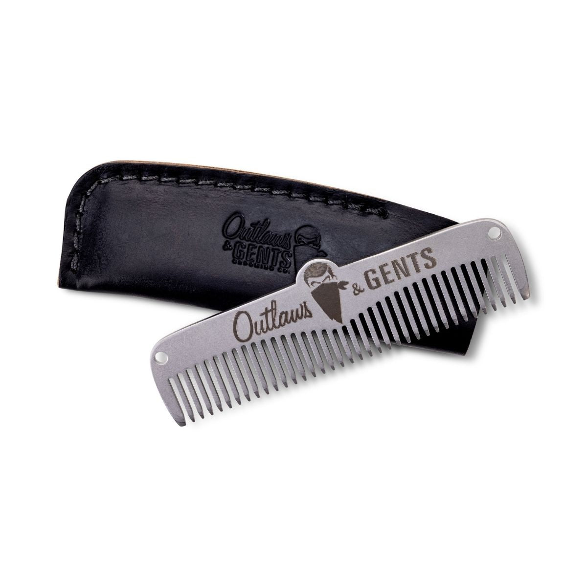 Outlaws and Gents metal comb with engraved leather pouch
