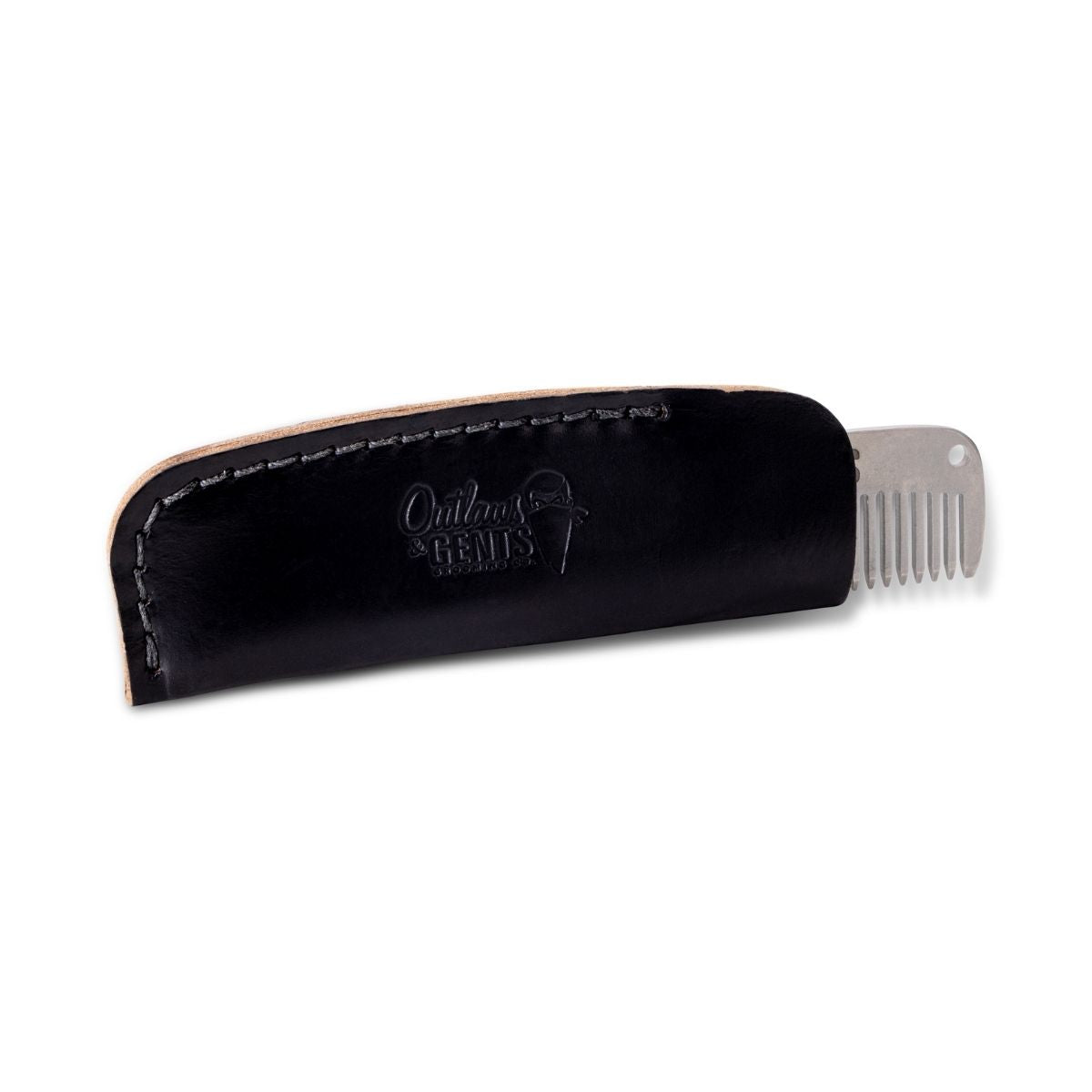 Outlaws and Gents engraved leather pouch with metal comb inside