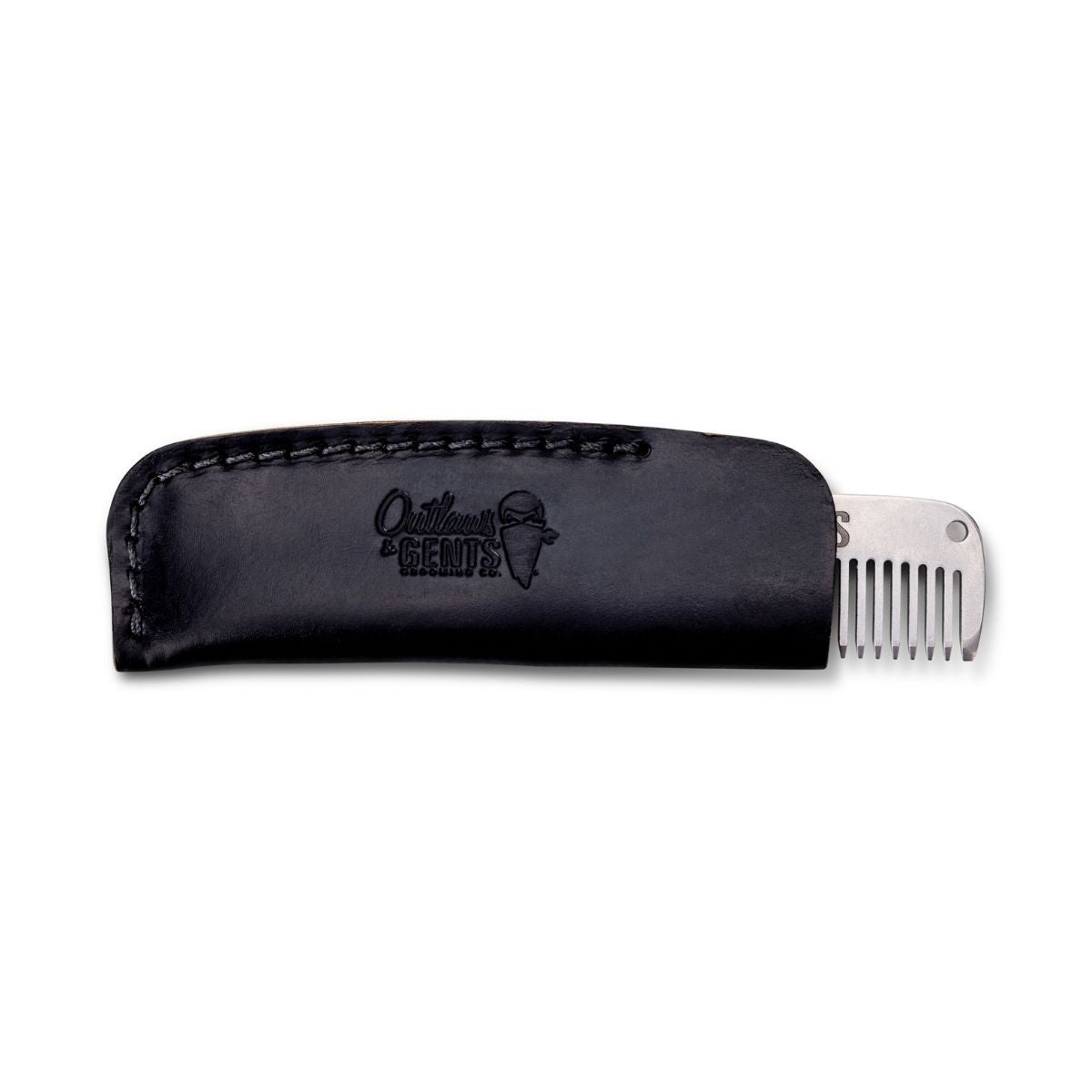 Outlaws and Gents engraved leather pouch with metal comb inside