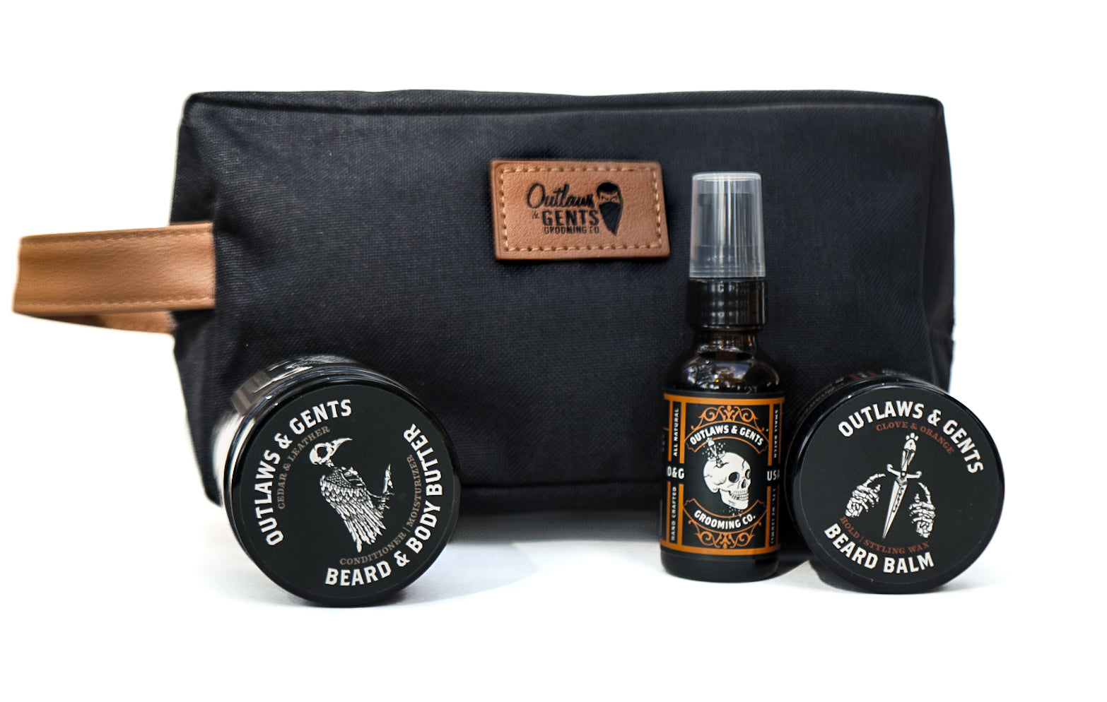 Outlaws and Gents beard and body butter, grooming oil, and beard balm with dopp bag