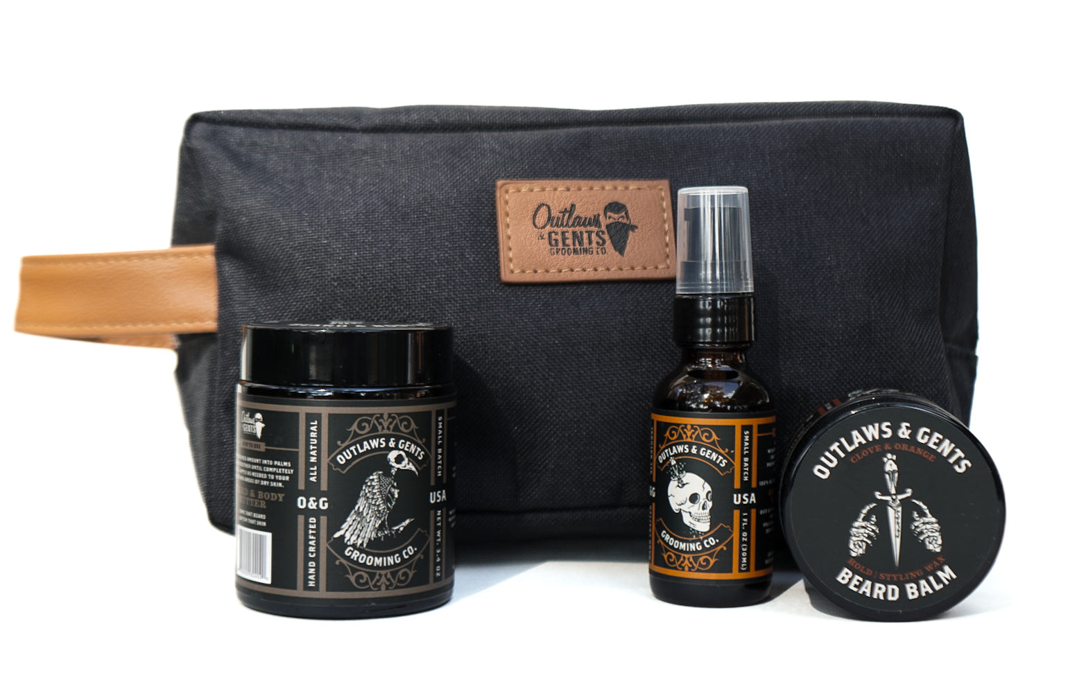 Outlaws and Gents beard and body butter, grooming oil, and beard balm with dopp bag