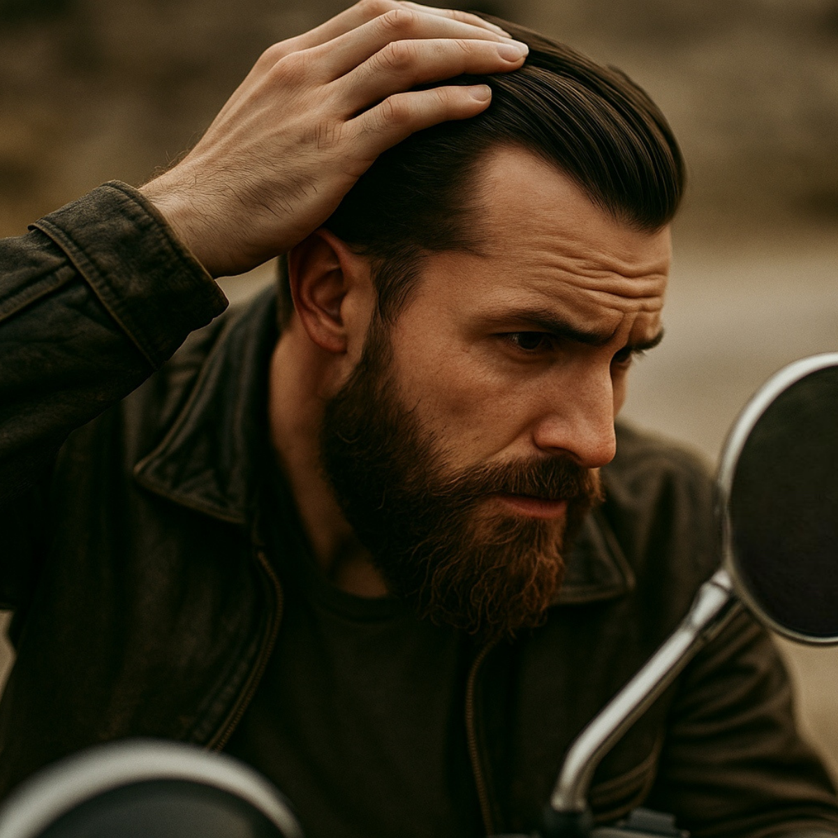 Man with mustache and beard looking into motorcycle mirror slicking his hair back