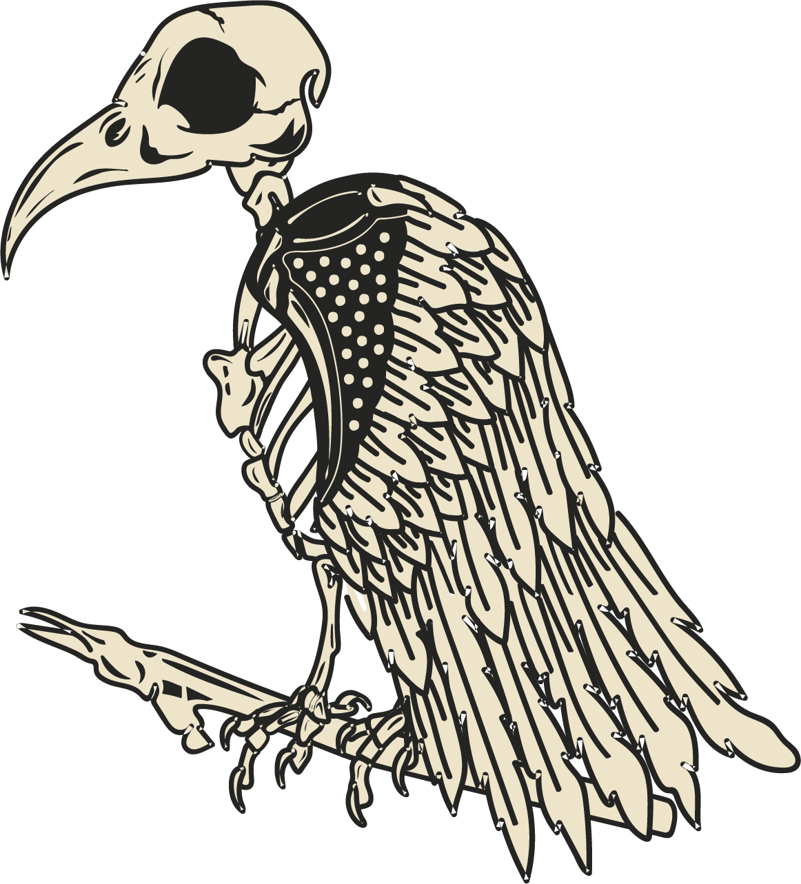 Dark grey and cream colored icon of a skeleton bird