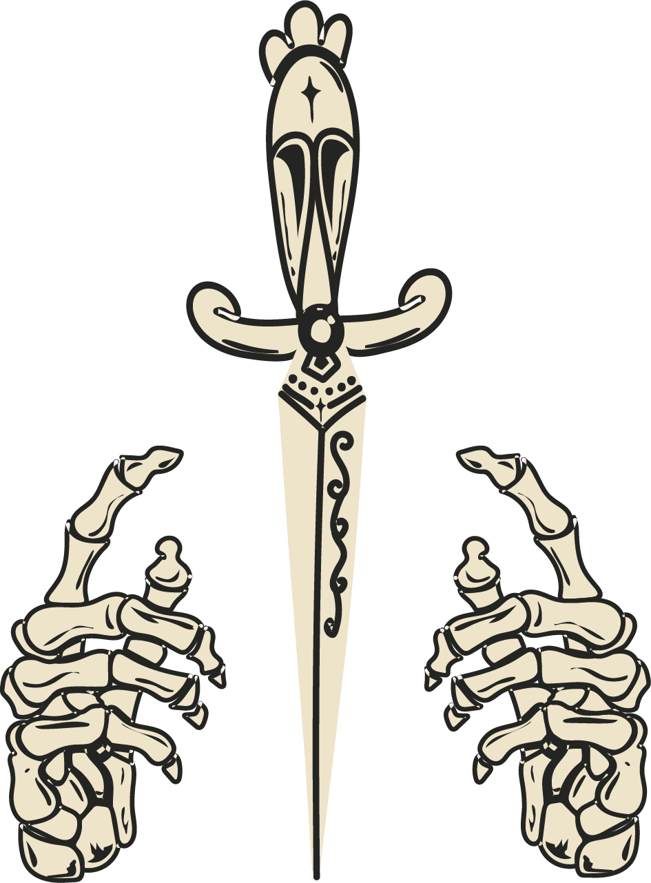 Dark grey and cream colored icon of a skeleton hands and dagger