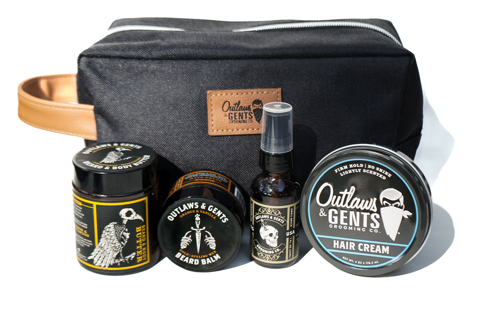 Outlaws and Gents hair cream, beard and body butter, grooming oil and beard balm with dopp bag