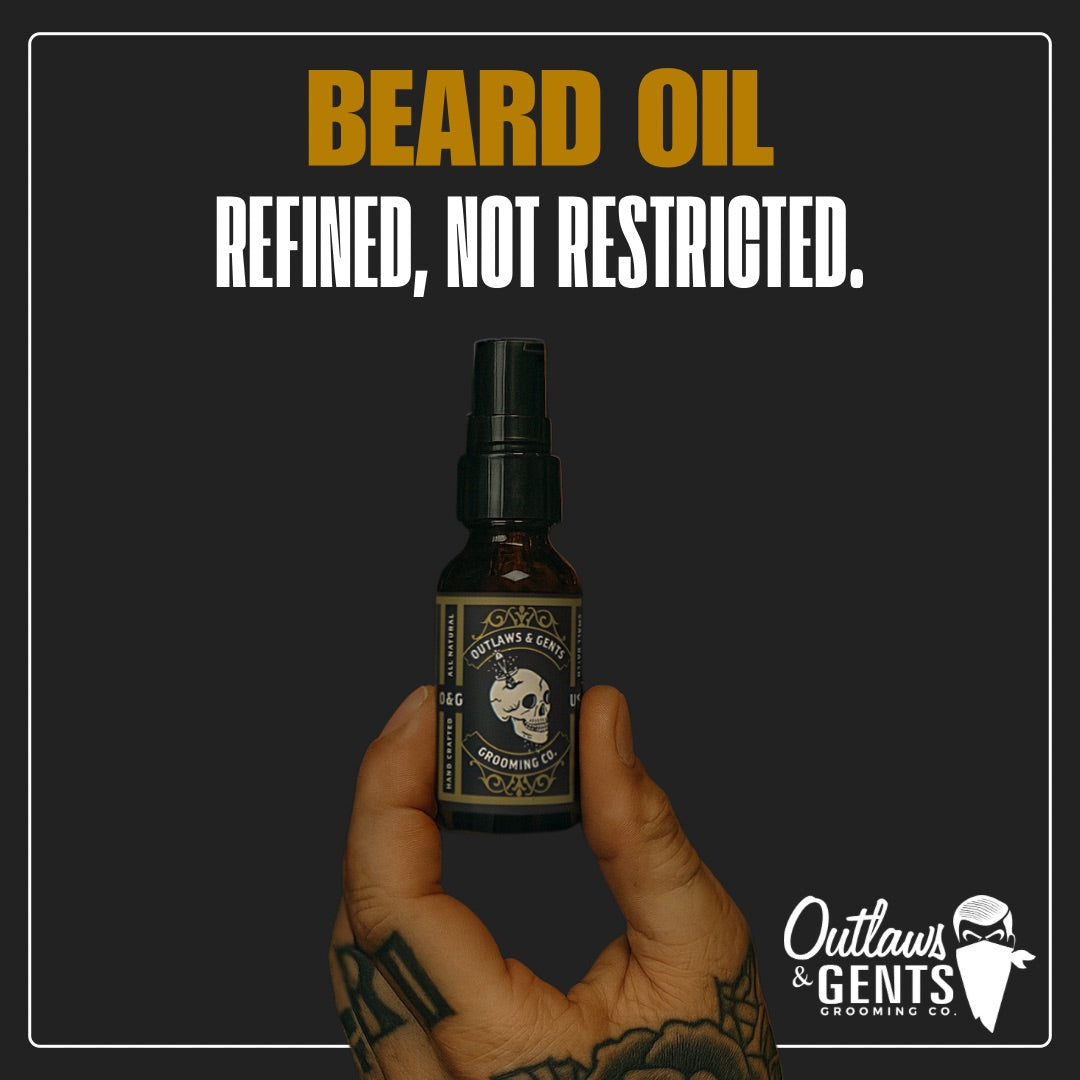 Mans hand holding Outlaws and Gents beard oil