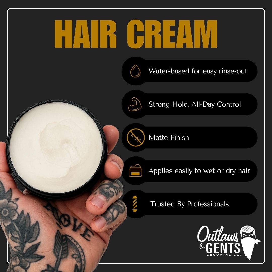 Outlaws and Gents hair cream with listed benefits