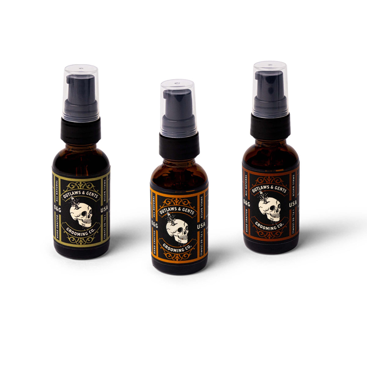 Outlaws and Gents orange and vanilla, pine and cedar, and clove and orange grooming beard oils