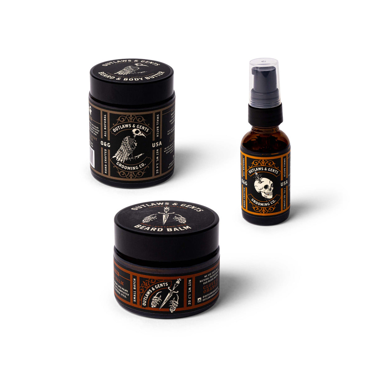 Set of Outlaws and Gents beard and body butter, beard balm, and beard oil