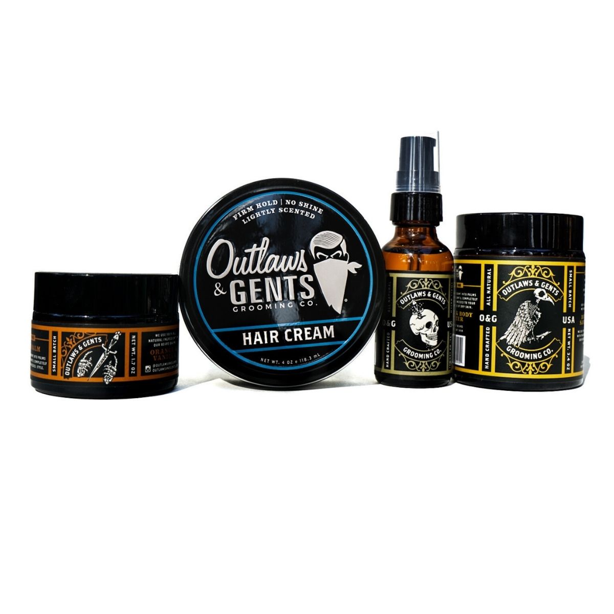 Outlaws and Gents hair cream, beard and body butter, grooming beard oil, and beard balm