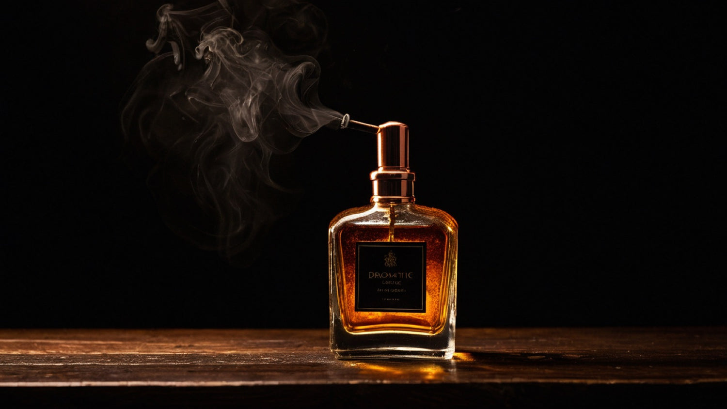 Unlabeled amber cologne bottle with mist frozen mid-air in warm copper light on dark wood