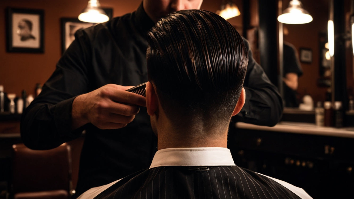 Barber combing a client's slicked-back dark hair from behind in a moody barbershop