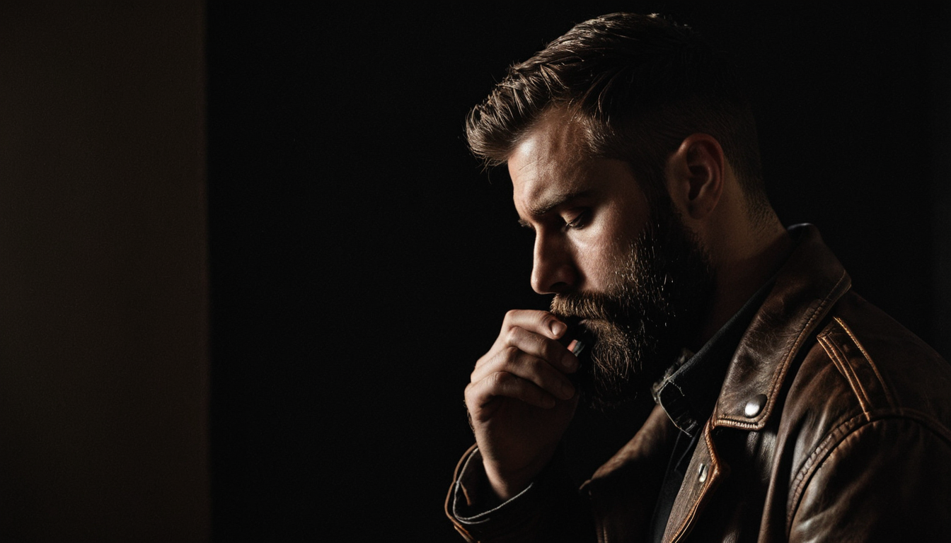 Bearded man in a leather jacket in dark cinematic profile — Outlaws & Gents guide to how to use beard oil