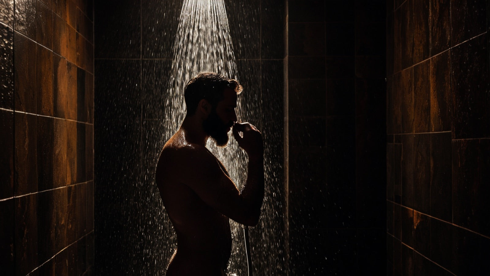Beard being washed with lather at a barbershop sink in warm low-key light
