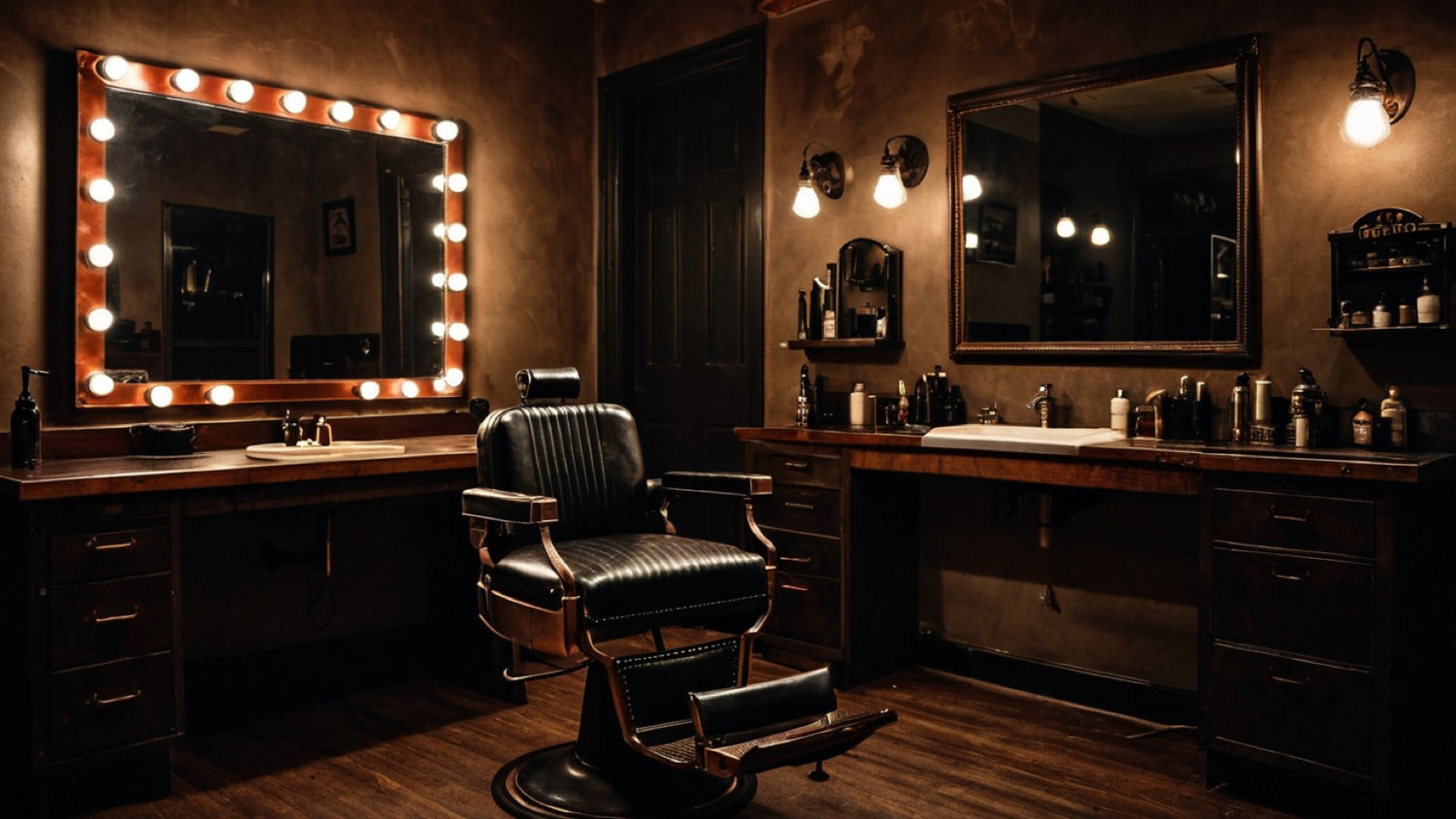 Vintage barber station at night with leather chair, copper fixtures, and warm mirror light