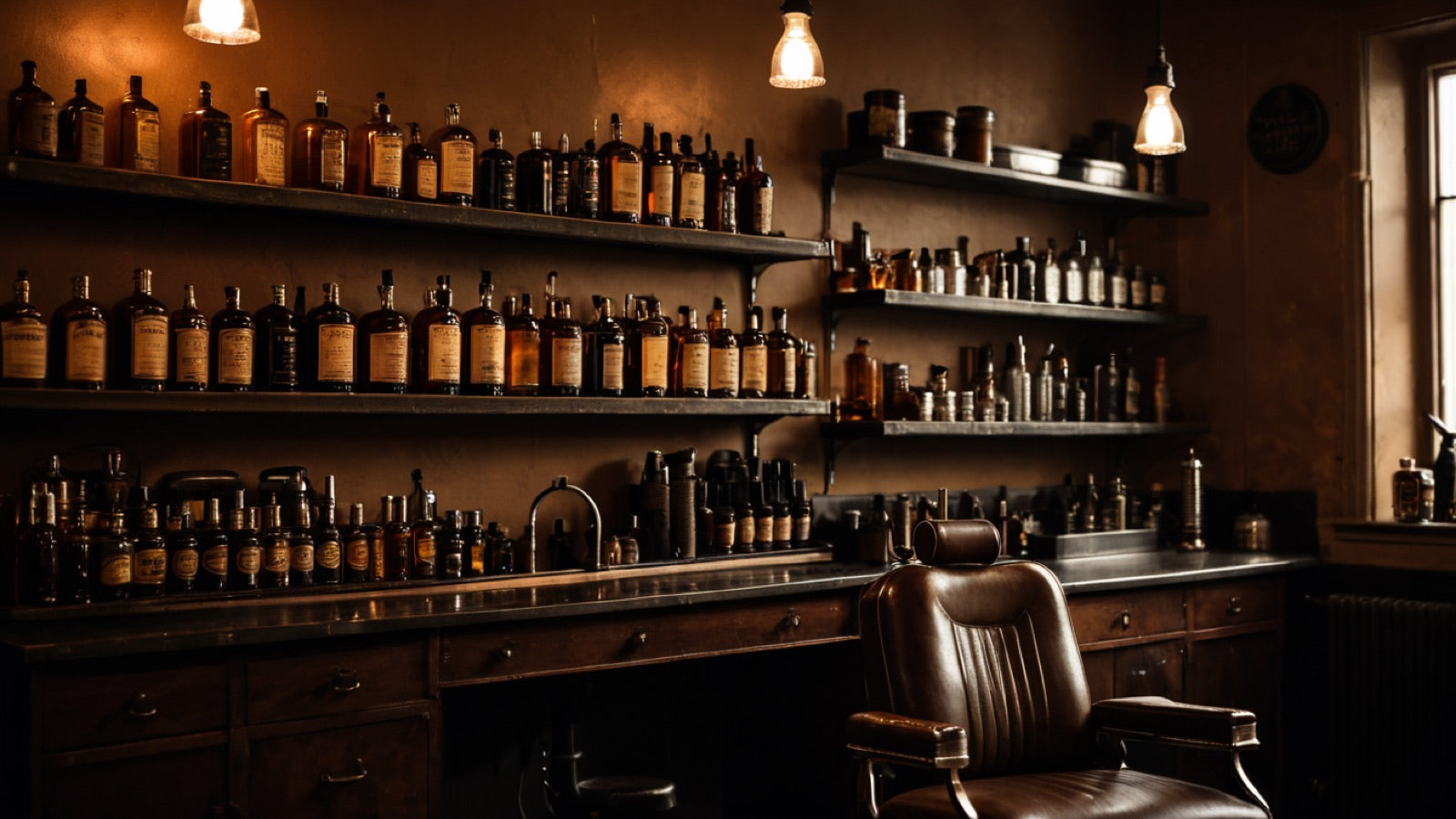 Independent barbershop interior with product shelf in warm documentary light