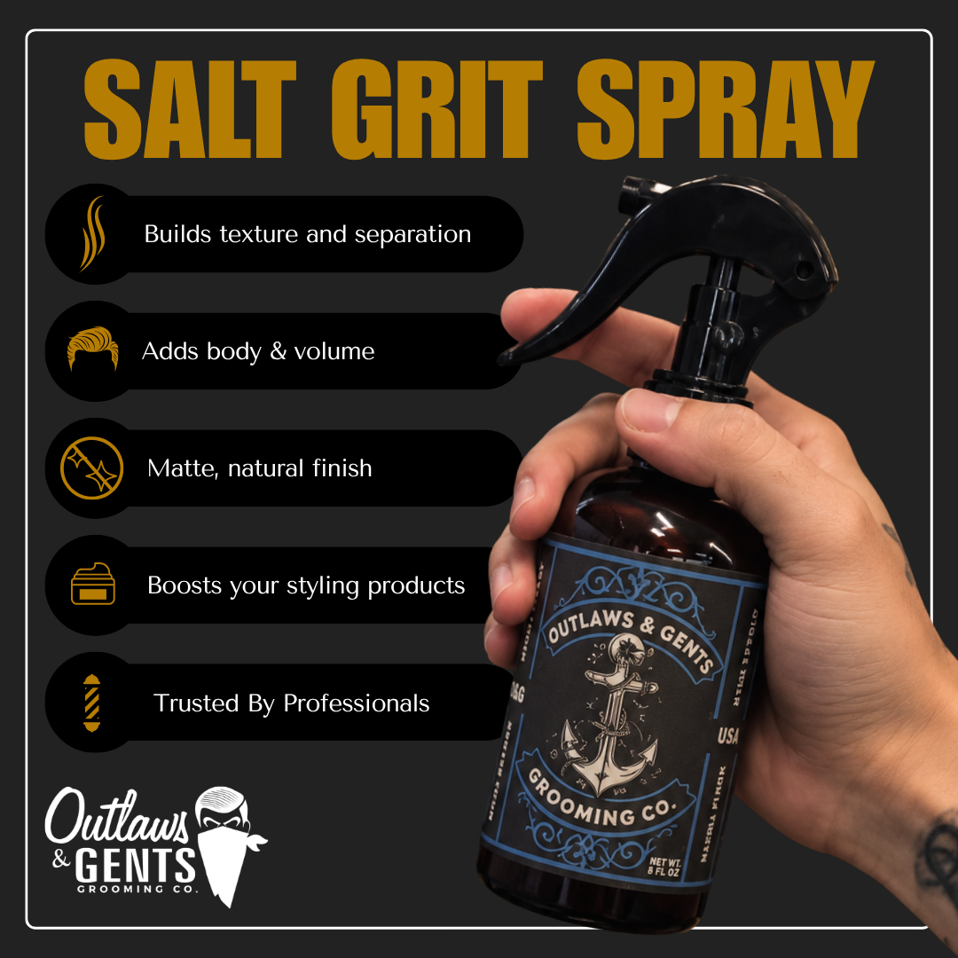 A hand holds 'Outlaws & Gents Grooming Co. Salt Grit Spray' against a dark promotional graphic with yellow text and feature callouts.