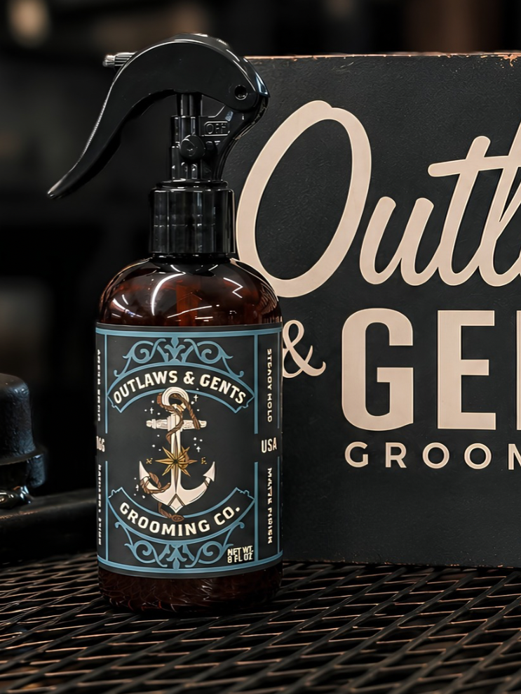 A bottle of Outlaws & Gents Grooming Co. Salt Grit Sea Salt Texture Spray resting on a black metal mesh surface in front of a matching black sign with cream lettering.